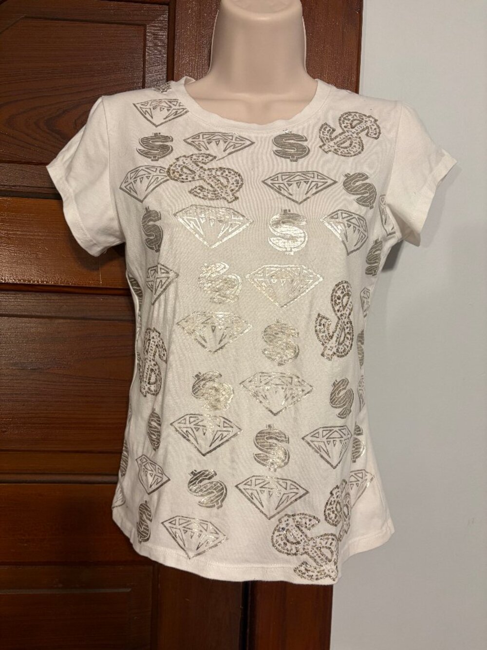 Vintage Y2K Superman T-Shirt XS White Silver Metallic Diamond Graphic Tee
